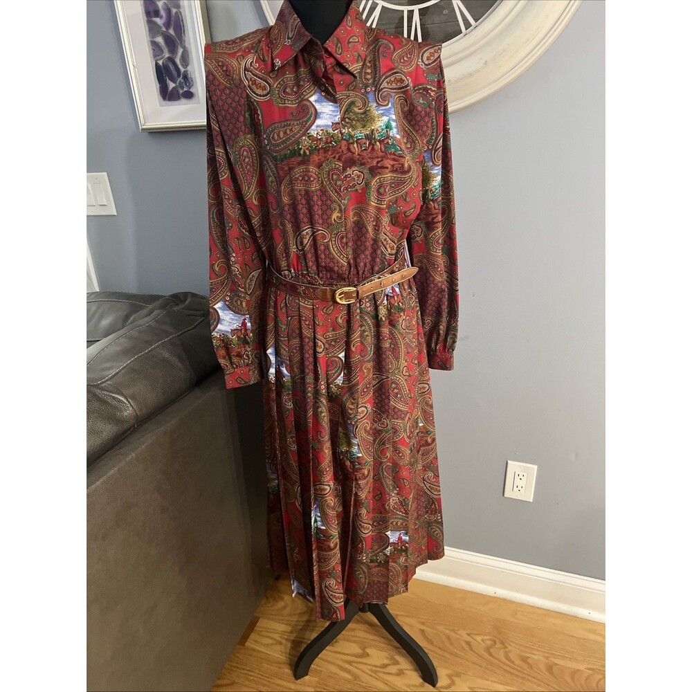 Vintage ︱ Schrader ︱ Dress ︱Sz 12 ︱Belted ︱Paisley Print ︱1980's︱Dark Red